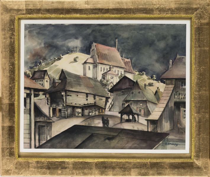 Ujęty fragmentarycznie widok miasteczka z farą i górą Trzech Krzyży w tle. Na pierwszym planie trapezoidalna płaszczyzna dachu, za nią fragment rynku ze studnią i małą sylwetą mężczyzny prowadzącego konia. Przy bocznych krawędziach fragmenty drewnianych domów. Nad nimi góruje centralnie usytuowana bryła fary. Za farą, po lewej łagodny stok wzgórza z trzema krzyżami na szczycie. W tle ciemny pas zasnutego chmurami nieba.  
