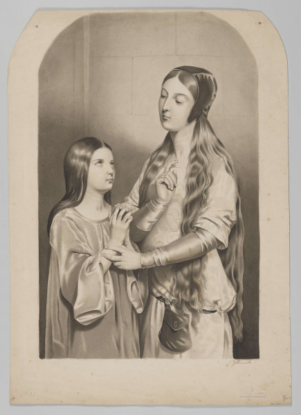 S/G/75/ML - Scena rodzajowa. Sylwetki młodej kobiety i dziewczynki, ucięte na wysokości ud. Po prawej postać kobiety 3/4 w lewo. Twarz owalna, łagodne rysy, wzrok skierowany ku córce. Włosy długie, lekko falujące, na głowie czepiec. Ubrana w luźną, białą suknię ściągniętą na wysokości bioder paskiem z przytroczoną małą torebką. Prawa ręka zgięta w łokciu, przyciśnięta do piersi, dłoń z uniesionym palcem wskazującym, lewą dotyka przedramienia córki Po lewej postać dziewczynki, 3/4 w prawo. Twarz okrągła, o miękkich rysach, długie, gładkie włosy opadają na plecy. Ubrana w obszerną suknię z długimi, rozszerzanymi rękawami. Ręce złożone z przodu w geście modlitwy. Przedstawienie utrzymane w odcieniach szarości, operuje szeroką, wygładzoną plamą. Starannie opracowane detale twarzy, struktura włosów, efekt połysku na fałdach ubrań.
