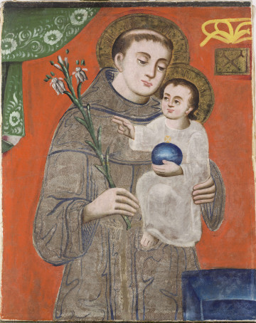 Obraz na płótnie przedstawiający Św. Antoniego z Dzieciątkiem, na czerwonym tle.