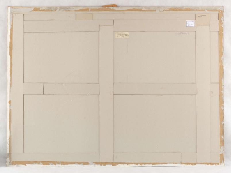 Kompozycja roślinna. W centrum łodyga ukwieconej nasturcji. Cztery z pięciu kwiatów o żółto-oranżowych płatkach, jeden w tonacji ciemnego oranżu. Kwiaty i sercowate liście osadzone na wijących się łodygach. Tło w kolorze czerni, błękitu i ciemnej zieleni, złożone z figur geometrycznych tworzących rytmiczny wzór.
