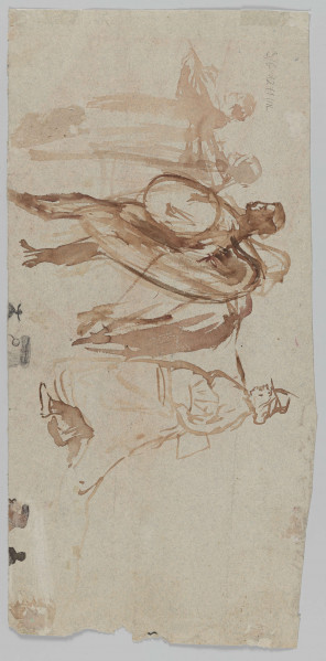 S/G/1271/ML - Postać młodego chłopaca w ujęciu całopostaciowym. Głowa ujęta w profilu, tułów skierowany 3/4 na prawo. Twarz lekko pochylona, ciemne, krótko ostrzyżone włosy. W lewej, ugiętej w łokciu ręce trzyma oparte o policzek skrzypce, w prawej uniesiony ku górze smyczek. Lewa noga wysunięta do przodu.  Ubrany w luźną białą koszulę ze stójką i szerokie, sięgające do połowy łydki spodnie. Stopy bose. Postać rysowana miękką kreską, podkreślona konturem.