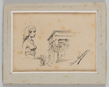 R/4605/ML - Szkic architektoniczny. Po prawej, nieco w głębi fragment czterokolumnowego portyku. Ujęte  od partii górnej kolumny o korynckich głowicach dżwigające  belkowanie z metopowo - tryglifowym fryzem (?). Po lewej półpostać młodej kobiety w welonie na głowie i podkreślającej kształty sukni. Rysunek o charakterze szkicu, prowadzony swobodną urywaną kreską.
sygn. p.d.: Tadeusz Ajdukiewicz