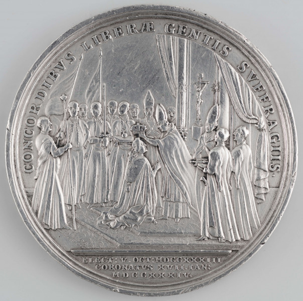 N/381/ML - AV. Popiersie króla w profilu w prawo, z odkrytą głową, w zbroi, w płaszczu, z gwiazdą orderu Orła Białego. W otoku napis rozdzielony na dole przez wizerunek:
D . G . AVGVSTVS . III . REX . POL . M . D . LITH . D . SAX . EL .
Sygnatura: H.P.GROSKVRT

RV. Scena koronacji przed ołtarzem. W otoku napis:
CONCORDIBVS LIBERAE GENTIS SVFFRAGIIS . 
Na dole w odcinku:
ELECT : V . OCT : MDCCXXXIII / CORONATVS XVII . IAN / MDCCXXXIV . 