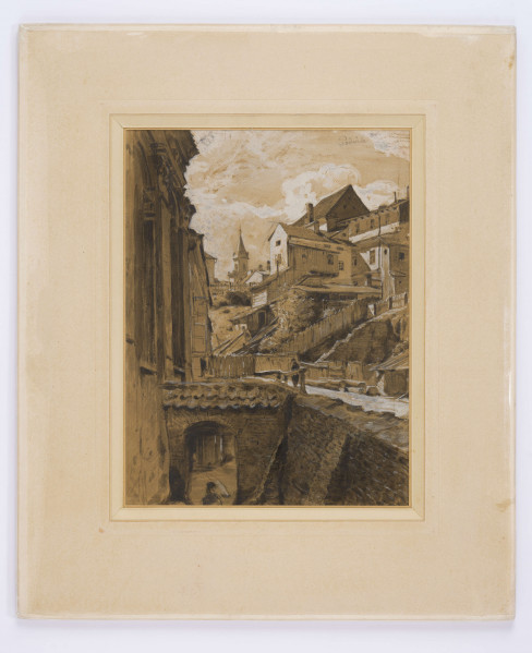 Dwa rysunki oprawione we wspólną ramę: Pierwszy przedstawia widok frontowej elewacji 
pałacu w Puławach z perspektywy drogi i bramy prowadzącej na dziedziniec. Budynek 2-piętrowy, z centralnym 3-osiowym ryzalitem. W dolnej kondygnacji ryzalitu arkadowe podcienia kryjące otwór wejściowy. Na piętrze taras z balustradą. Skrajne partie elewacji zasłonięte przez rozłożyste korony drzew umieszczonych po bokach kompozycji. Przed pałacem, na osi brama wjazdowa założona na filarach spiętych żelaznym łukiem i zwieńczonych rzeźbionymi posągami; 
Na drugim rysunku: widok ulicy Podwale w Lublinie. Przy lewej krawędzi fragment elewacji kościoła św. Wojciecha i gmachu klasztoru. U dołu wzdłuż ściany klasztoru uliczka z zamkniętym półkoliście otworem przejścia. Z prawej ulica wzmocniona wysokim murem ze szkarpami i piętrzące się zabudowania tyłów ul. Grodzkiej. W głębi prześwit z sylwetką Wieży Trynitarskiej. 
W p.g. oł.: Podwale
Oba przedstawienia utrzymane w tonacji ugrów i szarości na beżowym tle papieru. Partie oświetlone wydobyte plamami bieli. Prowadzone swobodną plamą.