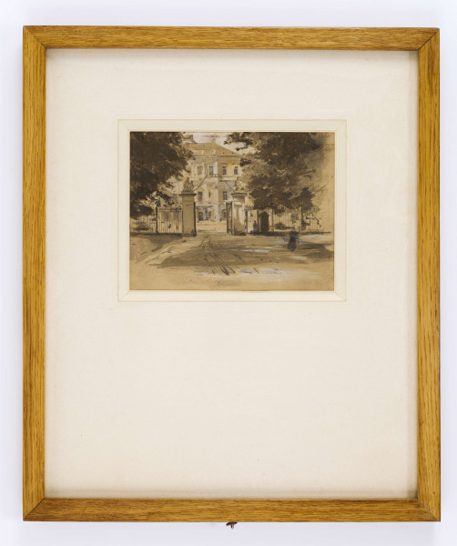 Dwa rysunki oprawione we wspólną ramę: Pierwszy przedstawia widok frontowej elewacji 
pałacu w Puławach z perspektywy drogi i bramy prowadzącej na dziedziniec. Budynek 2-piętrowy, z centralnym 3-osiowym ryzalitem. W dolnej kondygnacji ryzalitu arkadowe podcienia kryjące otwór wejściowy. Na piętrze taras z balustradą. Skrajne partie elewacji zasłonięte przez rozłożyste korony drzew umieszczonych po bokach kompozycji. Przed pałacem, na osi brama wjazdowa założona na filarach spiętych żelaznym łukiem i zwieńczonych rzeźbionymi posągami; 
Na drugim rysunku: widok ulicy Podwale w Lublinie. Przy lewej krawędzi fragment elewacji kościoła św. Wojciecha i gmachu klasztoru. U dołu wzdłuż ściany klasztoru uliczka z zamkniętym półkoliście otworem przejścia. Z prawej ulica wzmocniona wysokim murem ze szkarpami i piętrzące się zabudowania tyłów ul. Grodzkiej. W głębi prześwit z sylwetką Wieży Trynitarskiej. 
W p.g. oł.: Podwale
Oba przedstawienia utrzymane w tonacji ugrów i szarości na beżowym tle papieru. Partie oświetlone wydobyte plamami bieli. Prowadzone swobodną plamą.