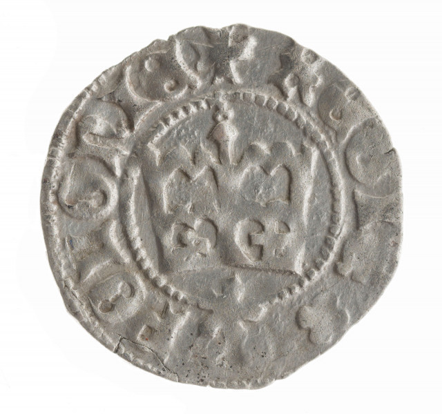 AV. W obwódce nieliniowej orzeł jagielloński z głową zwróconą w lewo z otwartym dziobem. Napis otokowy:
+ MONETA . KAZIMIRI
W napisie miejscu kropki czterolistek.
Całość ujęta nieliniową obwódką, tutaj widoczną w części.

RV. W obwódce perełkowej korona z połączonymi płatkami lilii dolnych i górnych. W lewym dolnym polu trójlistna koniczynka na szypułce, w prawym krzyżyk. Nad szczytem środkowej lilii znak przypominający listek koniczyny. Pod koroną herb Poraj, należący do podskarbiego Piotra Kurozwęckiego. Herb częściowo wchodzi w pole napisu dookolnego rozdzielając go. Napis dookolny:
+ REGIS . POLONIE
W napisie w miejscu kropki czterolistek.
Całość ujmuje nieliniowa obwódka, tutaj widoczna w części.
