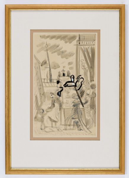 Scena rodzajowa we wnętrzu. W centrum, z lekkim przesunięciem na prawo ukazany perspektywicznie długi stół z zasiadającymi wokół biesiadnikami. Na pierwszym planie, widziana od tyłu sylwetka kobiety w długiej sukni z trenem, w jej prawej ręce kielich napełniany przez stojącego obok mężczyznę. Z lewej wychylony ku tyłowi mężczyzna z ozdobionym piórem kapeluszem w ręku. Po obu stronach stołu kilka postaci, jedna z nich, po prawej przechylona na stół. Na stole nakrycia i puchar. Za stołem, po prawej fr. architektury oraz kobieta niosąca dzban. Z lewej, przy krawędzi zarys budynku, w głębi, na tle pokrytego plamami chmur nieba wieża w kształcie ostrosłupa z kulą w zwieńczeniu. Przedstawienie szkicowe, bez dbałości o szczegóły. Elementy zaznaczone swobodną szarą plamą i podkreślone niebieską, atramentową kreską z akcentami wyraźnego obrysu tuszem.
