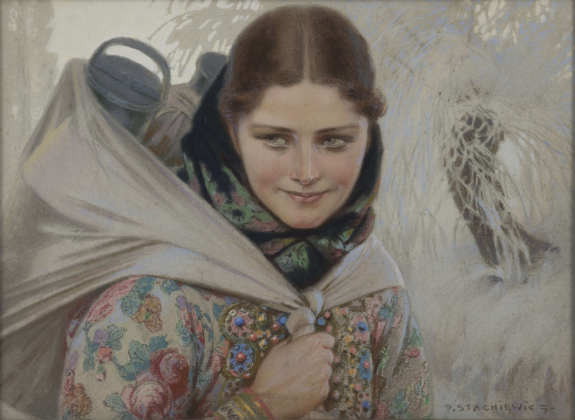 S/G/61/ML - Portret młodej kobiety w ujęciu do wysokości piersi, tułów 3/4 w prawo, twarz en face. Wąskie oczy o prostych brwiach, usta o delikatnie uniesionych w uśmiechu kącikach. Włosy z przedziałkiem, zaczesane gładko, na tył głowy zsunięta chustka. Ubrana w kwiecisty kaftan. Przez ramiona przewieszona lniana chusta, w której na plecach bańki z mlekiem. Węzeł chusty związany na piersi, przytrzymywany prawą dłonią. W tle pejzaż z rozłożystą wierzbą w prawej części kompozycji.
