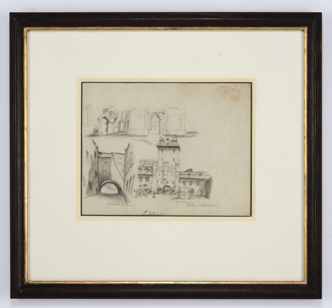 Widok zabudowań Starego Miasta w Lublinie. Złożony z trzech oddzielnych szkiców przedstawiających ruiny kościoła św. Michała u góry, na dole po lewej Bramę Rybną (podpisana błędnie jako Grodzka) i Bramę Krakowską po prawej wraz z przyległymi zabudowaniami.
u dołu napis oł.: Lublin
Każdy ze szkiców opatrzony u dołu podpisem - górny: Lublin Ś-ty Michał, lewy dolny: Grodzka Brama i zatarty Lublin, prawy dolny: Krakowska Brama