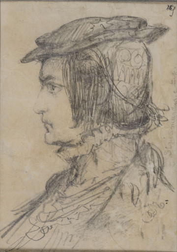 S/G/105/ML - Studium portretowe młodego mężczyzny. Ukazany w lewym profilu. Twarz o ostrych rysach, wzrok skierowany na wprost., nos prosty, usta o opadających kącikach, lekko wystający podbródek. Na głowie płaski beret z wąskim rondem i ozdobnym elementem zakrywającym tył głowy. Włosy proste, półdługie, zakrywające ucho. Na szyi kryza, poniżej zarys gronostajowego kołnierza. Rysunek szkicowy, operujący miękkimi, swobodnymi kreskami. 
sygn oł. p.d: JM (monogram wiązany), w p.g ołówkiem: 26 poprawione z 9.