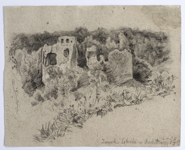 Widok zamku w Bochotnicy pod Kazimierzem. W centrum kompozycji pozostałości murów zamkowych, z zachowanymi w lewej części otworami okiennymi. Dolna część murów przesłonięta przez krzewy. W tle lesiste zarośla, na pierwszym planie biegnący ukośnie pas schematycznie zarysowanej roślinności.
 
