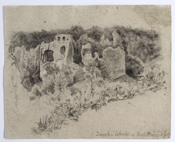 Widok zamku w Bochotnicy pod Kazimierzem. W centrum kompozycji pozostałości murów zamkowych, z zachowanymi w lewej części otworami okiennymi. Dolna część murów przesłonięta przez krzewy. W tle lesiste zarośla, na pierwszym planie biegnący ukośnie pas schematycznie zarysowanej roślinności.
 
