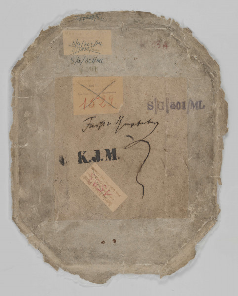 S/G/801/ML - Portret bliżej nieokreślonego mężczyzny w owalu. Ujęty w popiersiu, 3/4 w prawo. Twarz 
pociągła o wysokim czole, duże, wypukłe oczy, wydatny, lekko 