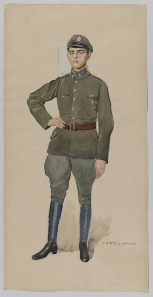 S/G/80/ML - Pełnopostaciowy wizerunek młodego mężczyzny w mundurze legionisty. Stoi w lekkim rozkroku, prawa ręka wsparta na boku, lewa opuszczona wzdłuż tułowia. Twarz owalna o miękkich rysach. Na głowie czapka z daszkiem, z przodu orzełek. Mundur w kolorze khaki, sztywny kołnierz z białymi wyłogami. Przepasany brązowym pasem. Spodnie typu bryczesy o ton jaśniejsze od kurtki. Buty czarne z cholewami w kolorze rozbielonego granatu. Malowane szerokimi, nakładającymi się plamami kolorów.

