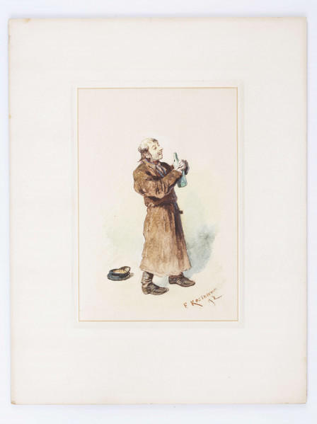 W centrum postać mężczyzny w średnim wieku. Ukazany 3/4 w prawo, nogi w rozkroku, ręce uniesione, zgięte w łokciach. W dłoniach duża, zielona butelka. Ubrany w długi, sięgający kostek, brązowy płaszcz i buty z cholewami. Twarz pociągła, oczy przymknięte, wypukłe powieki,  wystający, długi nos. Włosy półdługie, ciemne, na czubku głowy łysina częściowo zakryta opadającą na czoło grzywką. Z lewej strony, za postacią granatowa czapka z daszkiem. Tło zaznaczone delikatnymi plamami zieleni i granatu.
