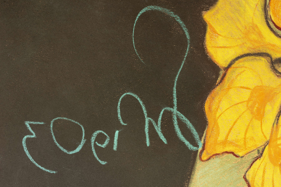 Kompozycja roślinna. W centrum łodyga ukwieconej nasturcji. Cztery z pięciu kwiatów o żółto-oranżowych płatkach, jeden w tonacji ciemnego oranżu. Kwiaty i sercowate liście osadzone na wijących się łodygach. Tło w kolorze czerni, błękitu i ciemnej zieleni, złożone z figur geometrycznych tworzących rytmiczny wzór.
