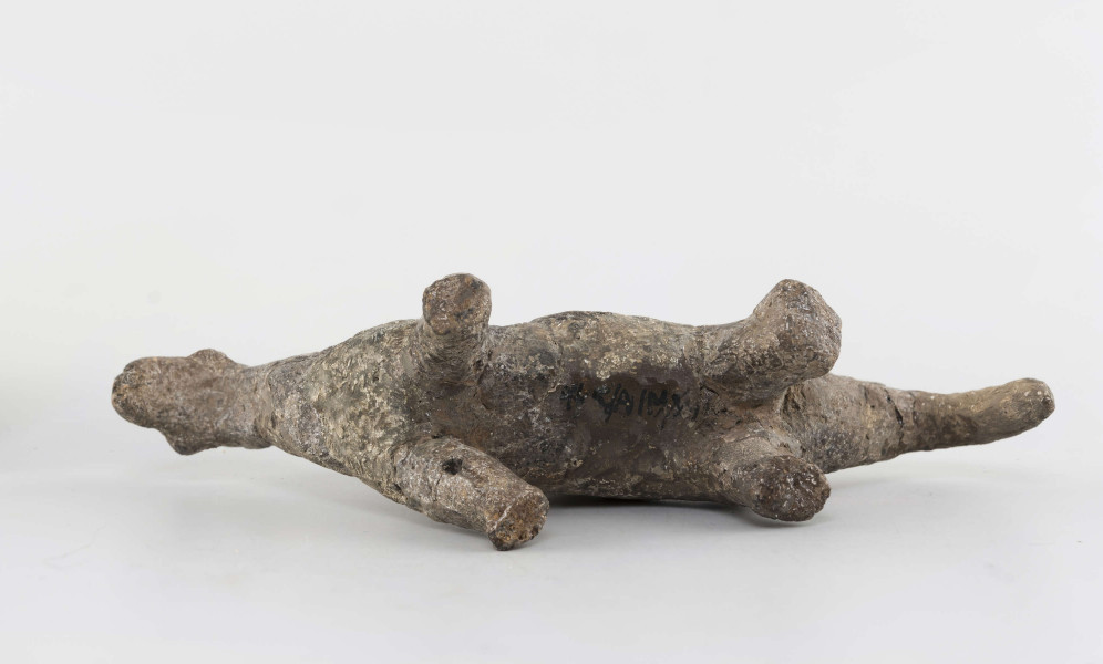 Figurka gliniana jeźdźca na koniu wykonana z wałka glinianego, szyjka wyciagnięta do góry, zwężona, zakończona spłaszczoną głową. Ogon mocno ścieniony, załamany do dołu. Kończyny walcowate, doklejone do korpusu. Postać siedząca na grzbiecie wykonana schematycznie. Surowiec - glina z domieszką piasku. Barwa brunatna. Stan zachowania dobry - drobne ubytki. Zabytek sklejany, uzupełniany gipsem.
Wymiary dodatkowe - 1,9 cm (grub. korpusu); 3 cm (wys. postaci); 1,4 cm (grub. postaci)