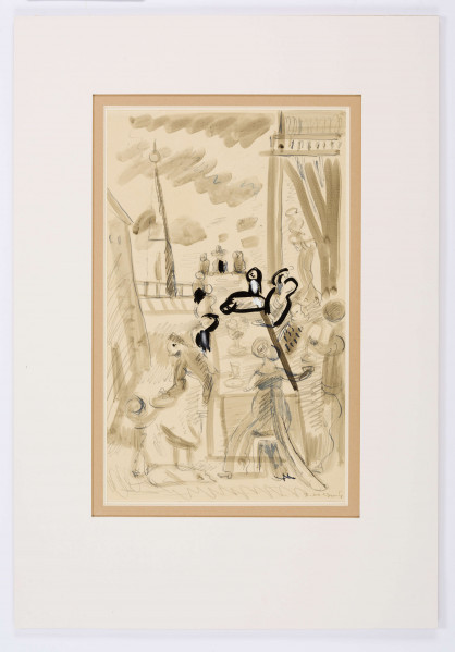 Scena rodzajowa we wnętrzu. W centrum, z lekkim przesunięciem na prawo ukazany perspektywicznie długi stół z zasiadającymi wokół biesiadnikami. Na pierwszym planie, widziana od tyłu sylwetka kobiety w długiej sukni z trenem, w jej prawej ręce kielich napełniany przez stojącego obok mężczyznę. Z lewej wychylony ku tyłowi mężczyzna z ozdobionym piórem kapeluszem w ręku. Po obu stronach stołu kilka postaci, jedna z nich, po prawej przechylona na stół. Na stole nakrycia i puchar. Za stołem, po prawej fr. architektury oraz kobieta niosąca dzban. Z lewej, przy krawędzi zarys budynku, w głębi, na tle pokrytego plamami chmur nieba wieża w kształcie ostrosłupa z kulą w zwieńczeniu. Przedstawienie szkicowe, bez dbałości o szczegóły. Elementy zaznaczone swobodną szarą plamą i podkreślone niebieską, atramentową kreską z akcentami wyraźnego obrysu tuszem.
