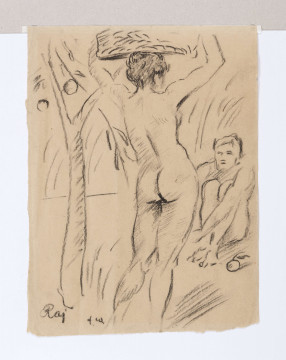 Scena rodzajowa w pionowym prostokącie przedstawiająca kobietę i mężczyznę w tytułowym raju. W centrum kompozycji naga postac kobieca , ujęta całopostaciowo, tyłem do widza, uniesionymi  rękami podtrzymuje kosz oparty na głowie. Przed nią postać męska, w pozycji siedzącej, z przywiedzonymi do klatki piersiowej nogami. Na wysokości stóp jabłko. Po lewej zarysowane drzewo poznania dobra i zła. Przedstawienie szkicowe, postaci okreslone konturem.
