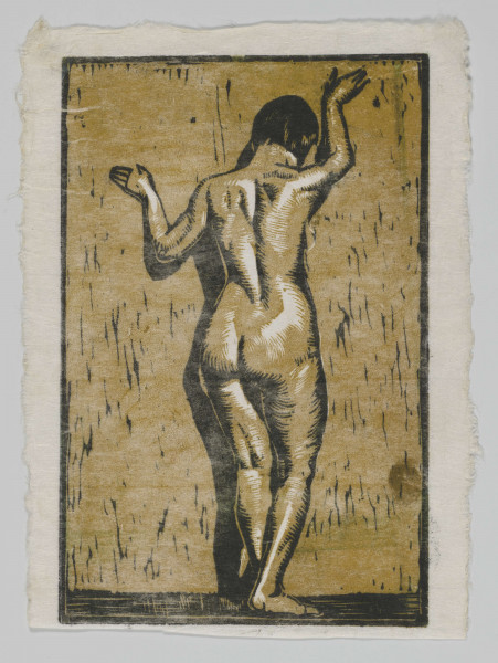 R/7283/ML - Akt kobiecy na tle ściany w pionowym prostokącie. Kobieta w pozycji stojacej, w kontrapoście - zwrócona przodem ku ścianie. Ujęta tyłem do widza, w całej postaci, lekko w lewo. Ręce oparte o ścianę, prawa ugieta w łokciu, lewa uniesiona. Przedstawienie określone grubo ciętymi kreskowaniami, modelowane światłocieniowo. Tło wraz z postacią w kolorze ugru. Kompozycja ujęta czarną ramką.
