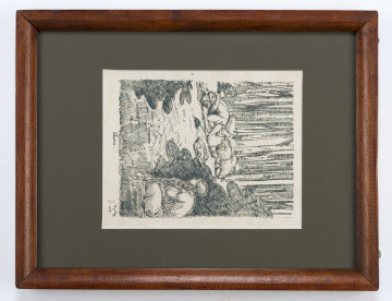 Scena rodzajowa w pionowym prostokącie przedstawiająca parę w akcie miłosnym na tle lasu. Na pierwszym planie, po prawej siedząca dziewczyna podglądająca centralną scenę. W tle kilka pasących sie owiec i  szpaler wysokich,  bezlistnych pni drzew. 
