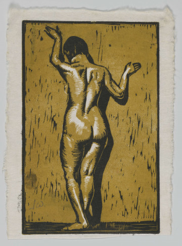 R/7283/ML - Akt kobiecy na tle ściany w pionowym prostokącie. Kobieta w pozycji stojacej, w kontrapoście - zwrócona przodem ku ścianie. Ujęta tyłem do widza, w całej postaci, lekko w lewo. Ręce oparte o ścianę, prawa ugieta w łokciu, lewa uniesiona. Przedstawienie określone grubo ciętymi kreskowaniami, modelowane światłocieniowo. Tło wraz z postacią w kolorze ugru. Kompozycja ujęta czarną ramką.
