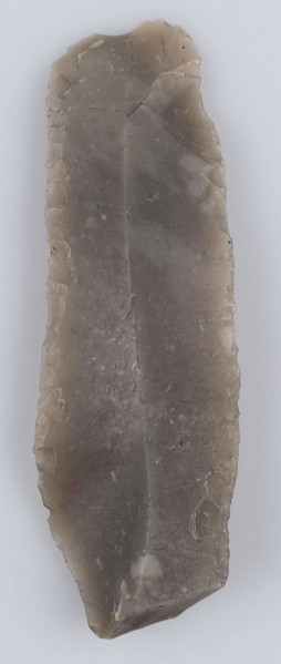 345/A/ML/12 - Makrolityczny wiórowiec z łukowatym wierzchołkiem, obie krawędzie boczne (jedna całkowicie druga w 3/4 długości)oraz wierzchołek łuskane po stronie wierzchniej płaskim retuszem przykrawędnym śęczek ścieniany.