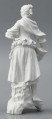 S/CS/1476/ML - Figurka z białej szkliwionej porcelany przedstawiajaca  kobietę stojacąna niskim trójdzielnym cokole. Kobieta ma długie włosy upięte w koczek, ubrana jest w fałdzistą spódnicę przewiązaną poniżej bioder, gorset z baskinką i głębokim dekoltem, bluzkę z bufiastmi rękawami do łokci, na ramionach zawiazaną chustkę, ma bose stopy. Prawą ręką trzyma płaski kosz z owocami oparty na biodrze, w lewej ugiętej ma jabłko. 
  