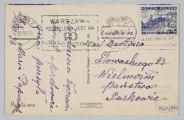 ML/H/2702 - Karta pocztowa wydana z okazji Świąt Bożego Narodzenia przedstawia dwoje dzieci w strojach zimowych, ciągnących sanki z choinką. Na odwrociu życzenia świąteczne wypisane fioletowym atramentem, zaadresowane do (Józefa i Marii) Guzków w Lublinie. Kartka została wysłana przez Marie Papiewska z Warszawy. Na kartkę naklejony znaczek z przedstawieniem Pieskowej Skały o wartości 5 groszy oraz pieczątki poczty. 