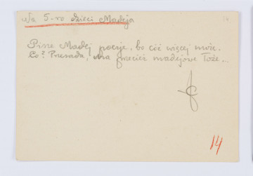 Rękopis Józefa Czechowicza, tekst zapisany czarnym ołówkiem na odwrocie kartonika (wym. 10 x 15 cm), na którym po stronie recto znajduje się drukowany formularz zaproszenia na 