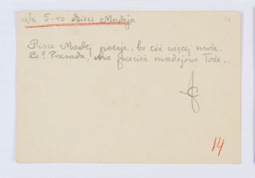 Rękopis Józefa Czechowicza, tekst zapisany czarnym ołówkiem na odwrocie kartonika (wym. 10 x 15 cm), na którym po stronie recto znajduje się drukowany formularz zaproszenia na 