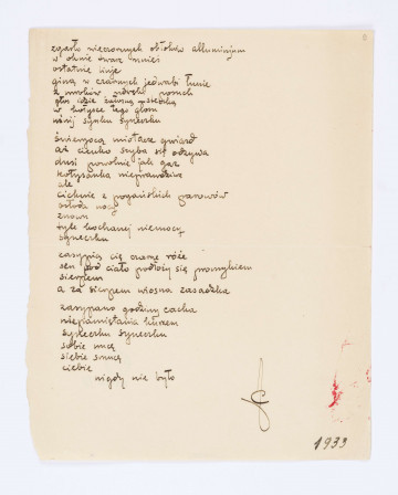 Józef Czechowicz, zgasło wieczornych obłoków aluminium...,  rękopis, k. 9 recto
Tekst zapisany czarnym atramentem na arkuszu kremowego papieru. Pod tekstem z prawej strony podpis poety charakterystyczny splot  liter 