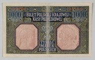 N/Bn/132/ML - Aw. Z lewej, w czerwonym bogato zdobionym kartuszu Orzeł polski; pod kartuszem w ramce napis: Zarząd Generał - / Gubernatorstwa / Warszawskiego.
Z prawej, w czerwonym, bogato zdobionym kartuszu oznaczenie nominału: 1000; pod kartuszem w ramce napis: Kto podrabia lub fałszuje bilety Polskiej Krajo- / wej Kasy Pożyczkowej, albo puszcza w obieg lub / usiłuje puścić w obieg podrobione lub fałszo- / wane bilety, podlega karze ciężkiego więzienia.
Pomiędzy kartuszami, w polu centralnym napis: Rzesza Niemiecka przyjmuje odpowie- / dzialność za spłatę biletów Polskiej / Krajowej Kasy Pożyczkowej w Markach / Niemieckich po cenie nominalnej. / Zarząd Generał-Gubernatorstwa / Warszawskiego  / Warszawa, dn. 9-go grudnia 1916 roku.
Faksymilowane podpisy: von Kries, Überschaer, von Conrad 
Wyżej napis: TYSIĄC / MAREK POLSKICH; po bokach którego wartość czerwonymi cyframi arabskimi.
Niżej,  na czerwonej wstędze z oznaczeniem nominału wizerunek pieczęci Zarządu Generał-Gubernatorstwa Warszawskiego. 
U dołu w ramce oznaczenie nominału  - powtórzone trzykrotnie.

Rw. U góry napis: BILET POLSKIEJ KRAJOWEJ / KASY POŻYCZKOWEJ. Oznaczenia nominału liczbą: 1000 oraz u dołu słownie: TYSIĄC / MAREK / POLSKICH
W ośmiobocznych dwóch ramkach zwrócone do siebie głowy kobiety (Minerwa - patronka sztuki) i mężczyzny (patron przemysłu)


Seria i numer kolorem czerwonym u góry z prawej i lewej strony : A.230080