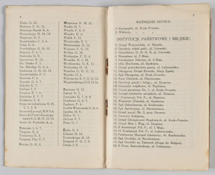 ML/H/2385 - Okładka z szarej tekturki, na czterech kartkach spis: skorowidz ulic w mieście Lublinie, ważniejsze hotele, Instytucje państwowe i miejskie, szpitale i instytucje dobroczynne, zakłady naukowe i szkoły, kościoły i świątynie, teatry.
Mapa podzielona w poziomie na pola A – N, co pionie 1 – 16. Wielobarwna, zabudowa miejska w kolorze czerwonym, cmentarze, ulice, tereny wojskowe i sportowe – białym, parki w kolorze zielonym, łąki i tereny zalewowe rzek w kolorze błękitnym, pozostałe tereny – jasny brąz.
