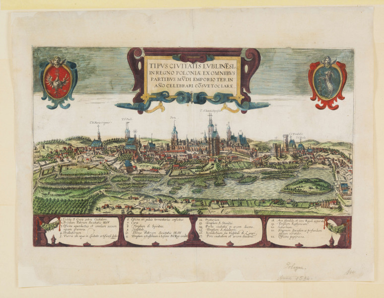 Widok Lublina opatrzony kartuszem herbowym i legendą. Miasto w szerokim, panoramicznym ujęciu obejmującym przedmieścia: Wieniawę i Tatary. Widok ukazuje charakterystyczne dla Lublina budowle min.- w centrum Kościół jezuitów, za nim wzgórze staromiejskie z Bramami Krakowską i Grodzką, kościoły św. Michała i Dominikanów, zespół zabudowań zamkowych z basztą i kaplicą św. Trójcy. Po lewej widoczne sylwetki kościołów Panny  Marii, Nawrócenia, św. Pawła i św. Ducha. Budowle opatrzone łacińskimi podpisami lub cyframi mającymi odnośniki w legendzie. U góry, na osi kartusz tytułowy z napisem: TIPUS CIVITATIS LUBLINE[N]SIS. / IN REGNO POLONIAE EX OMNIBUS / PARTIBUS MU[N]DI EMPORIO. TER. IN. /ANNO CELEBRARI COSUETOCLARAE. (Widok miasta Lublina w Królestwie Polskim, sławnego w całym swiecie trzy razy na rok odbywającemi się jarmarkami) Po lewej godło Polski, po prawej herb Lublina. Nad dolną krawędzią pas zawierający legendę rozbitą na 4 pola w ozdobnych obramieniach. Przedstawienie prowadzone precyzyjną, cienką kreską, podkolorowane.