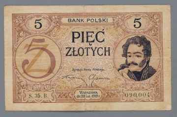 N/Bn/1502/ML N/Bn/1502/ML - Aw. W prostej ramce, w tle z motywami arabeski i rogami obfitości, od góry z lewej:
5 – BANK POLSKI – 5. Niżej, centralnie: PIĘĆ / ZŁOTYCH. Po bokach w tondach; z lewej: 5 i Z, z prawej wizerunek księcia Józefa Poniatowskiego. Nieco niżej między tondami: DYREKCJA BANKU POLSKIEGO, podpisy: Stanisław Karpiński, Zygmunt Chamiec. W dolnej części ramki od lewej: S.35.B – WARSZAWA / dn.28.Lut.1919 r. – 090,004
Rw. W ramce z motywami roślinnymi, w górnej części centralnie: BANK POLSKI, w rogach monogramy: BP. W polu środkowym, na tle ornamentu akantu, centralnie u góry w łuku: PIĘĆ ZŁOTYCH; niżej klauzula: Na mocy uchwały sejmowej / bilety Banku Polskiego / są prawnym środkiem płatniczym / w Polsce. Po bokach w tondach; z lewej godło państwa polskiego, z prawej oznaczenie nominału: 5 na tle ozdobnej litery Z. U dołu w ramce centralnie sankcja: PODRABIANIE BILETÓW / WSPÓŁDZIAŁANIE W ICH ROZPRO- / WSZECHNIANIU KARANE JEST / CIĘŻKIM WIĘZIENIEM. Po bokach, w sześciokątnych ramkach wartość: 5.