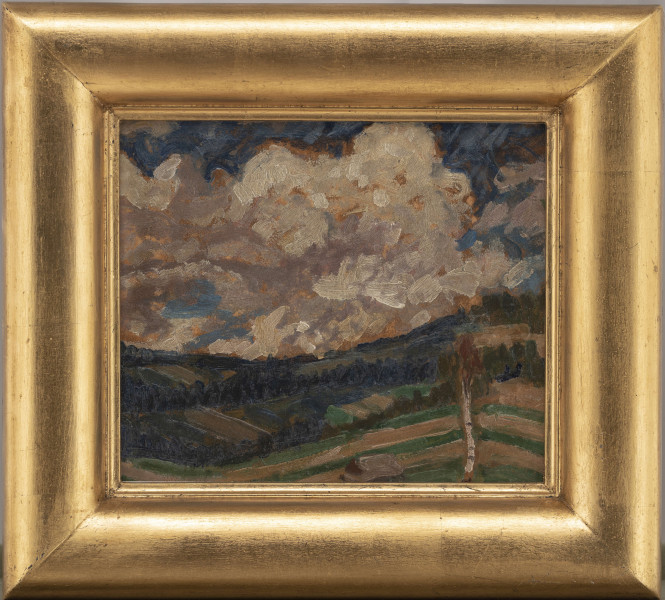 Pejzaż górski. W dolnej partii wzgórza, podzielone na pasy pól uprawnych. Na pierwszym planie po prawej samotna brzoza, bliżej centrum niewielki szałas. Powyżej wzgórz błękitne niebo z dominującymi nad krajobrazem biało-złotymi chmurami.  