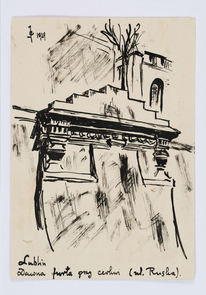 Karta pocztowa z rysunkiem Józefa Czechowicza i korespondencją do Koła Krajoznawczego przy  Szkole Powszechnej nr 15 w Lublinie, karton, tusz, 1 k. recto i verso, wym. 10,5 x 15 cm.
Na karcie recto znajduje się rysunek wykonany tuszem przez Józefa Czechowicza oraz podpis sporządzony przez poetę: „Lublin/Dawna furta przy cerkwi (ul. Ruska).”. W lewym górnym rogu podpis poety (monogram wiązany) oraz data: „JC 1929”.
Na odwrocie z lewej strony treść korespondencji oraz podpis Czechowicza (z charakterystycznym splotem liter J i C). Poniżej adres nadawcy: 