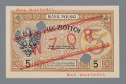 N/Bn/1619/ML - Aw. W prostej ramce, w tle z motywami arabeski i rogami obfitości, od góry z lewej:
5 – BANK POLSKI – 5. Niżej, centralnie: PIĘĆ / ZŁOTYCH. Po bokach w tondach; z lewej: 5 i Z; z prawej wizerunek księcia Józefa Poniatowskiego. Nieco niżej między tondami: PREZES BANKU; podpis: Stanisław Karpiński. Niżej: NACZELNY DYREKTOR – SKARBNIK; niżej odpowiednio podpisy: Władysław Mieczkowski – Stanisław Orczykowski. W dolnej części ramki od lewej: II EM. A – Warszawa / 15 lipca 1924 r. – 332953


Rw. W  ramce z motywami roślinnymi, w górnej  części centralnie: BANK POLSKI,  w rogach monogramy: BP. W polu środkowym, na tle ornamentu akantu, centralnie u góry w łuku: PIĘĆ ZŁOTYCH; niżej klauzula: Bilety Banku Polskiego są / prawnym środkiem płatniczym. Po bokach w tondach; z lewej godło państwa polskiego, z prawej oznaczenie nominału: 5 na tle ozdobnej litery Z. U dołu w ramce centralnie sankcja: PORABIANIE BILETÓW, USIŁOWANIE PODRABIANIA, / PUSZCZANIE W OBIEG LUB USIŁOWANIE PUSZCZENIA / W OBIEG PODROBIONYCH BILETÓW PODLEGA / KAROM, WYMIENIONYM w ART. 50-m STATUTU BANKU
Po bokach w sześciokątnych ramkach wartość: 5.
Dwustronne napisy w kolorze czerwonym: u góry z lewej i u dołu z prawej strony: Bez wartości oraz napis: WZÓR, zakomponowany skośnie pomiędzy dwiema równoległymi podwójnymi liniami. Banknot perforowany dwiema dziurkami o średnicy około 10 mm.