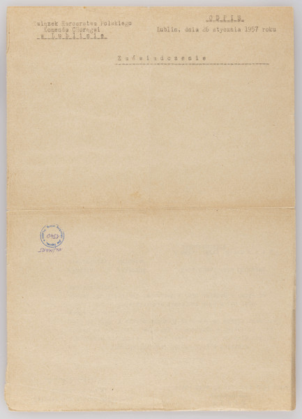 ML/MART/1340 - Odpis zaświadczenia ZHP, Komenda Chorągwi w Lublinie, poświadczające pracę harcmistrza Jana Trzpila jako instruktora na terenie województwa lubelskiego w latach 1933-1939 i w ZWZ w czasie okupacji.
Na odwrocie: nagłówek odpisu, z datą i instytucję sprawczą.