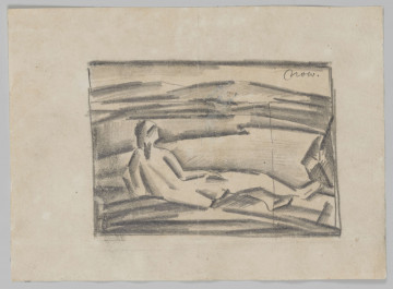 S/G/2660/ML - Akt kobiecy. Postać w pozycji leżącej, tyłem, głowa skierowana w lewo. Górna część tułowia uniesiona, wsparta na lewym łokciu, prawa ręka ułożona wzdłuż ciała. Przed postacią rozległy płaski teren, w oddali łagodne stoki wzniesień. Przedstawienie kubizujące, akcentujące bryłę postaci modelowanej łamaną, pogrubioną kreską.
