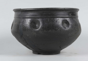 Naczynie dwustożkowate o łagodnym załamaniu brzuśca; dno wyraźnie wyodrębnione niska stopką, lekko wklęsłe z dołkiem w środku; szyja krótka, cylindryczna, oddzielona od brzusca plastycznym dookolnym wałkiem; krawędź zaokrąglona, wywinięta na zewnątrz; górna część brzuśca zdobiona sześcioma okrągłymi, wklęsłymi dołkami; pola między dołkami zdobione podwójnymi (tylko w jednym przypadku potrójną) jodełkami; ornament ten uzyskano rzez wygładzenie; powierzchnia naczynia wygładzona, lśniąca