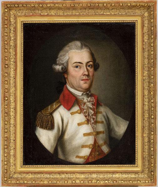 Portret Dominika hrabiego Łosia (ur. 1732, zm. 1768). Popiersie mężczyzny w średnim wieku, zwróconego w 3/4 prawą stroną do widza, wzrok skierowany na wprost. Portret zakomponowany w owalu wpisanym w prostokąt. Hrabia ubrany jest w biały mundur z wysokim czerwonym kołnierzem, ozdobiony na prawym ramieniu złoconym epoletem z bulionem oraz przy guzikach - złoconymi szamerunkami; spod munduru widoczna jest czerwona wzorzysta kamizelka zapięta na guziki, pod szyją biały koronkowy halsztuk. Twarz owalna, o różowej karnacji, prosto zarysowanych brwiach, niebieskich oczach, wąskim nosie, drobnych, czerwonych ustach. Zarysowany podbródek. Na głowie - pudrowana peruka, związana z tyłu czarną kokardą. 
