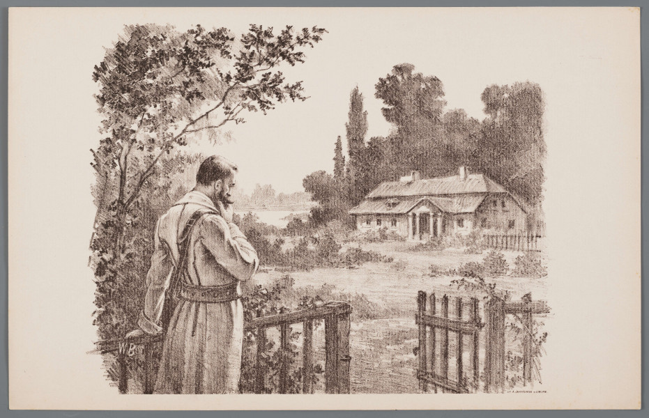 ML/H/1561/9 - Po lewej stronie stoi mężczyzna w wojskowym płaszczu. Ukazany 3/4 od tyłu w ujeciu do kolan. Włosy ciemne, gładko uczesane, na twarzy wąsy i broda.Prawą ręką dotyka ust w geście zadumy, lewą opiera o płot, za którym rośnie drzewo i krzewy. Umieszczona w płocie furtka otwiera się na rozległe podwórko, na którym stoi dworek z wejściem w formie portyku czterokolumnowego i łamanym dachem. W tle wysokie drzewa, dalej staw lub rzeka.