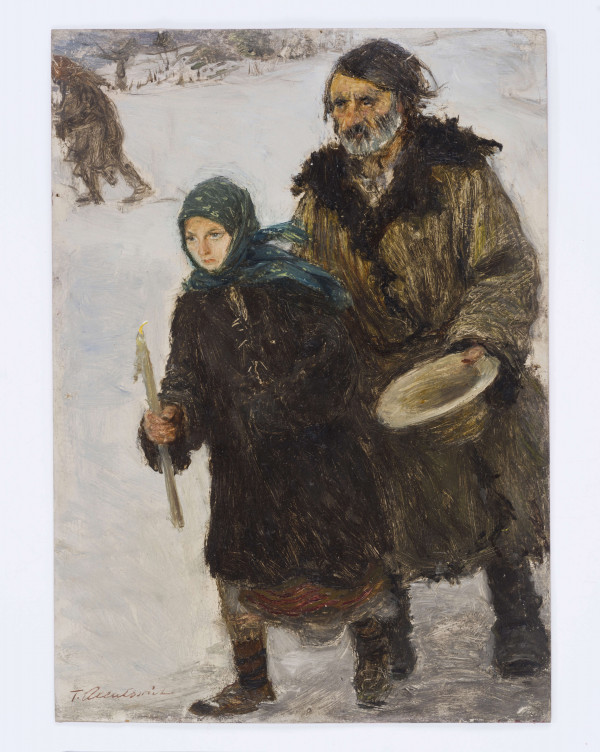 Scena rodzajowa związana z obrzędami Hucułów. Fragment jednej z licznych wersji Święta Jordanu. W zimowym pejzażu - na tle pola przykrytego śniegiem i zamarkowanego pejzażu- górą. Kroczące postaci kilkunastoleniej dziewczyny i starca - ukazane w zwrocie 3/4 lewą stroną do widza. Z lewej- dziewczyna w brązowym, ciemnym korzuchu i w zielonej chusteczce zawiązanej z tyłu głowy, trzymająca w prawej, wyciągniętej nieco do przodu ręce- zapalona dużą świecę. Za nią po prawej - idzie starzec w ugrowym korzuchu z czarnym, futrzanym kołnierzem, trzyma w lewej ręce kapelusz. Włosy - w nieładzie, wąsy i zamarkowany zarost twarzy. W lewym g.r. - zamarkowana postać. 
