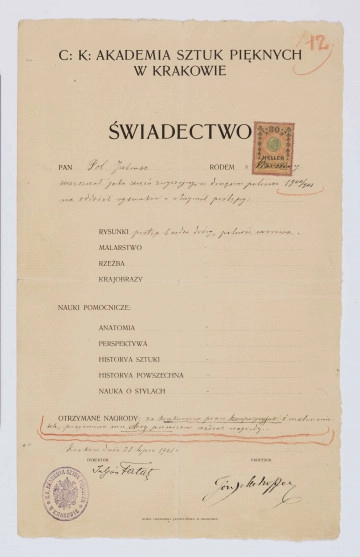 MPol/211/ML MPol/211/ML - Świadectwo Juliusza Pola wydane przez C.K. Akademię Sztuk Pięknych w Krakowie to druk jednostronny. Na górze zawiera nadruk nazwy uczelni, naklejony znaczek skarbowy, dane studenta, następnie w słupku wymienione przedmioty. Wypelniony punkt