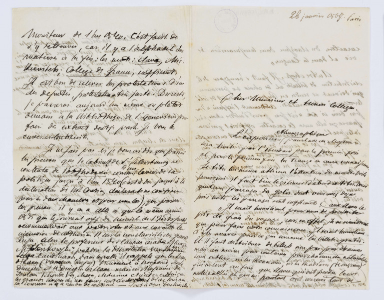 List Franciszka Duchińskiego do Wincentego Pola z 26.01.1867 r., w języku francuskim; obejmuje 2 kartki. Pisany czarnym atramentem, pismo pochylone w prawo, z licznymi podkreśleniami w tekście. Tekst listu przebija przez cienki papier na drugą stronę.