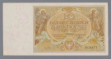 N/Bn/459/ML - Aw. W lewym marginesie znak wodny z popiersiem Bolesława Chrobrego i nominałem 10 / ZŁ. W prostej ramce, z lewej i prawej strony, postacie kobiet symbolizujące naukę i sztukę. Centralnie w owalu: 10 / DZIESIĘĆ ZŁOTYCH / BANK POLSKI / WARSZAWA – Dnia 20 Lipca 1929 Roku / PREZES BANKU
Podpis: Władysław Wróblewski; niżej: NACZELNY / DYREKTOR – SKARBNIK
Podpisy: Władysław Mieczkowskie, Stanisław Orczykowski
Niżej wstęga z motywami akantu, pod nią godło państwowe. W dolnej części ramki Seria i numer: Ser. FL. – 2636872

Rw. W prawym marginesie znak wodny: Bolesław Chrobry i lustrzane odbicie nominału - 10/ZŁ. W prostej ramce, centralnie, trzy postacie kobiece symbolizujące przemysł stoczniowy, przemysł ogólny i rolnictwo. U góry w rogach oznaczenie nominału: 10 – 10; rozdzielone napisem: DZIESIĘĆ ZŁOTYCH. U dołu, po bokach, kartusze z liśćmi akantu z tekstami; w lewym: BILETY / BANKU / POLSKIEGO / SĄ PRAWNYM / ŚRODKIEM / PŁATNICZYM / W POLSCE; w prawym: PODRABIANIE, - / - USIŁOWANIE - PODRA - / BIANIA, - PUSZCZANIE - / - W - OBIEG - LUB - USIŁOWANIE - / - PUSZCZANIA - W - OBIEG - / - PODROBIONYCH - BILE - / - TÓW - BANKU - POLSKIE - / GO - / -PODLEGA - KARZE - / - CIĘŻKIEGO - / - WIĘZIENIA