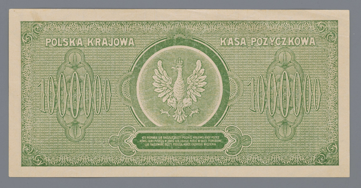 N/Bn/1412/ML - Aw. W prostej ramce ornamentyka z motywami akantu. Z lewej, w ozdobnym owalu, panorama Starego Miasta w Warszawie od strony Wisły. 
Z prawej: POLSKA KRAJOWA KASA POŻYCZKOWA / MILION / MAREK POLSKICH (w tle: 1000000) / czterowierszowa klauzula o odpowiedzialności państwa polskiego za wymianę niniejszego biletu na przyszłą walutę polską / WARSZAWA, DNIA 30. SIERPNIA 1923 ROKU / DYREKCJA POLSKIEJ KRAJOWEJ KASY POŻYCZKOWEJ 
Podpisy: Karol Rybiński, Witold Mokrzycki'
Niżej: Dyrektor Skarbca / Emisyjnego
Podpis: Marian Karpus
Seria i numer C 2915120

Rw.W ramce z motywami akantu w polu centralnym w tondzie godło państwowe. Od góry:
POLSKA KRAJOWA – KASA POŻYCZKOWA
Niżej po bokach: 1000000– 1000000
U dołu trzywierszowa sankcja karna za podrabianie, fałszowanie i puszczanie w obieg podrobionych lub fałszowanych biletów PKKP.