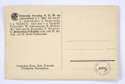Pocztówka sepiowana - Komenda Naczelna Polskiej Organizacji Wojskowej na ćwiczeniach w 1917 r. (zdjęcie grupowe w plenerze). Ujęcie w poziomie.
AWERS: grupa mężczyzn (11 osób) w mundurach austriackich lub ubraniach cywilnych; wśród nich komendant Józef Piłsudski; zdjęcie wykonane w lesie.
REWERS: czarna linatura z miejscem na korespondencje; w l. g. rogu nadruk w postaci odznaki pamiątkowej 